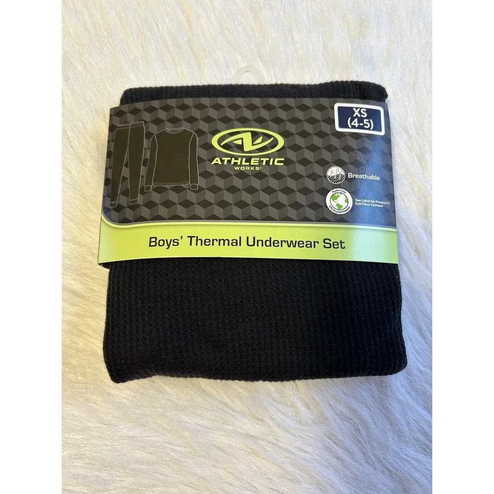 Athletic Works Thermal Underwear Set Boys‎ Size XS (4-5) Black Waffle Pajamas
